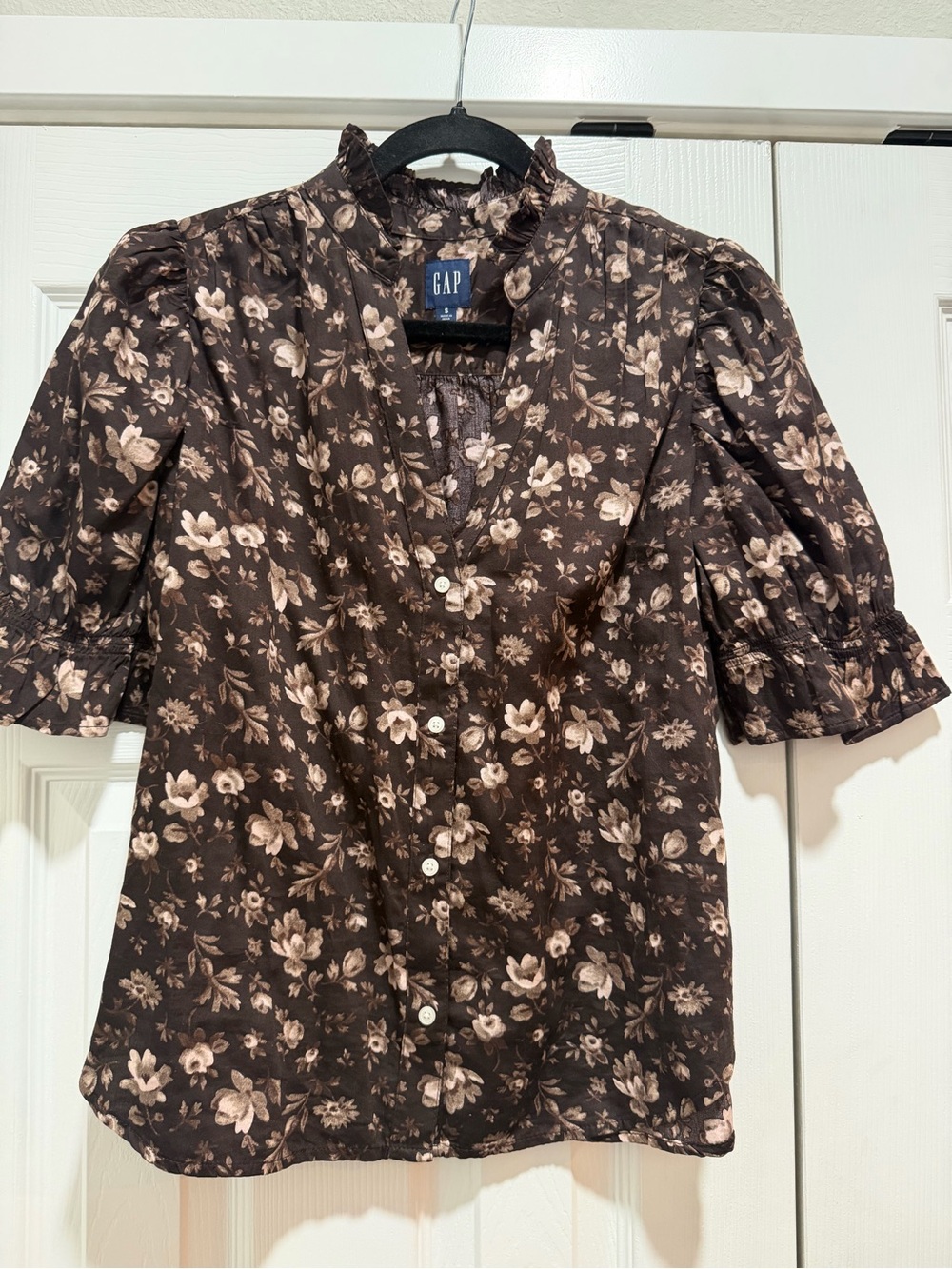 GAP Womens Brown Floral Button-Front Puff Sleeve Blouse Small
